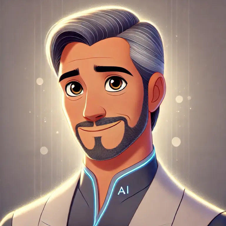 A character design of Aiden an AI powered assistant depicted as a middle aged man. Aiden has a warm expressive face with distinguished 768x768